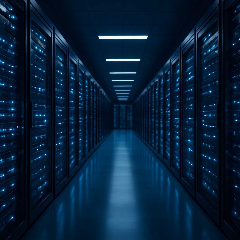 Rows of illuminated server racks inside a modern data centre